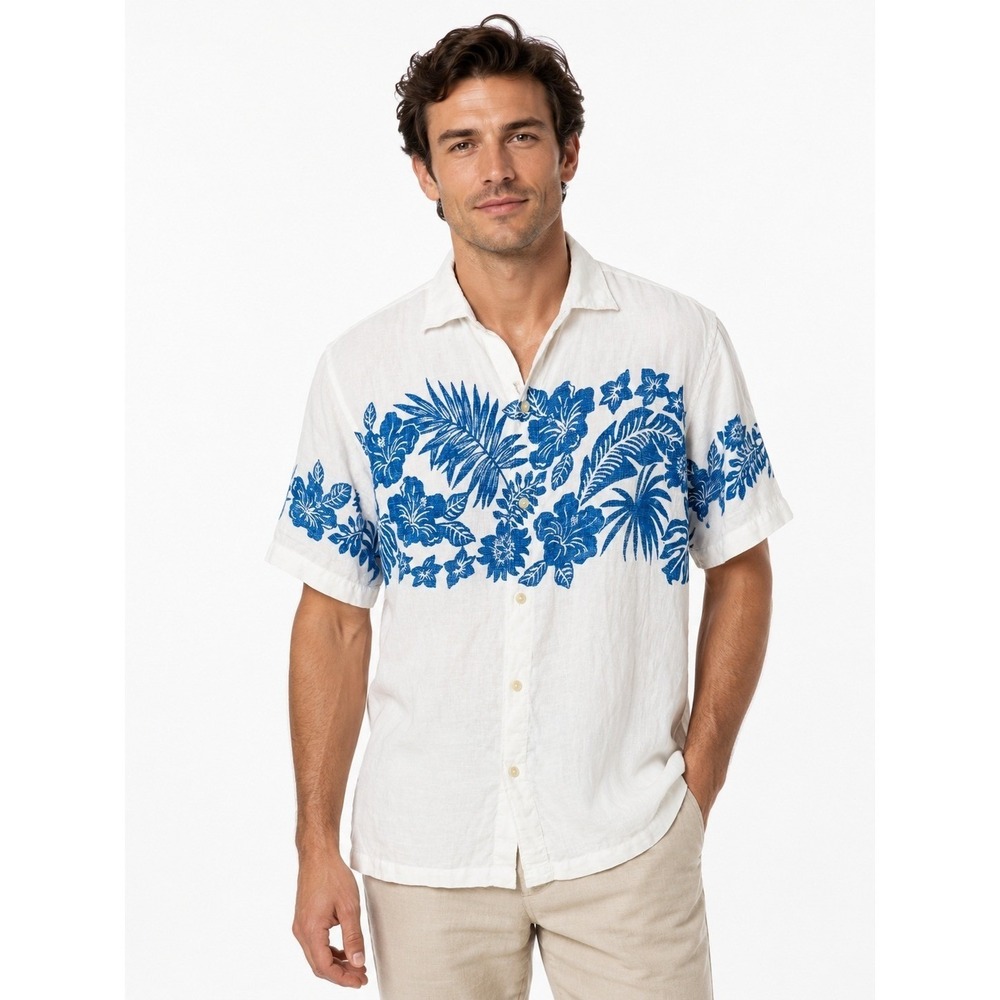 Tommy Bahama 100% Linen Floral Tropical Border Print Camp Shirt White‎ Blue | M